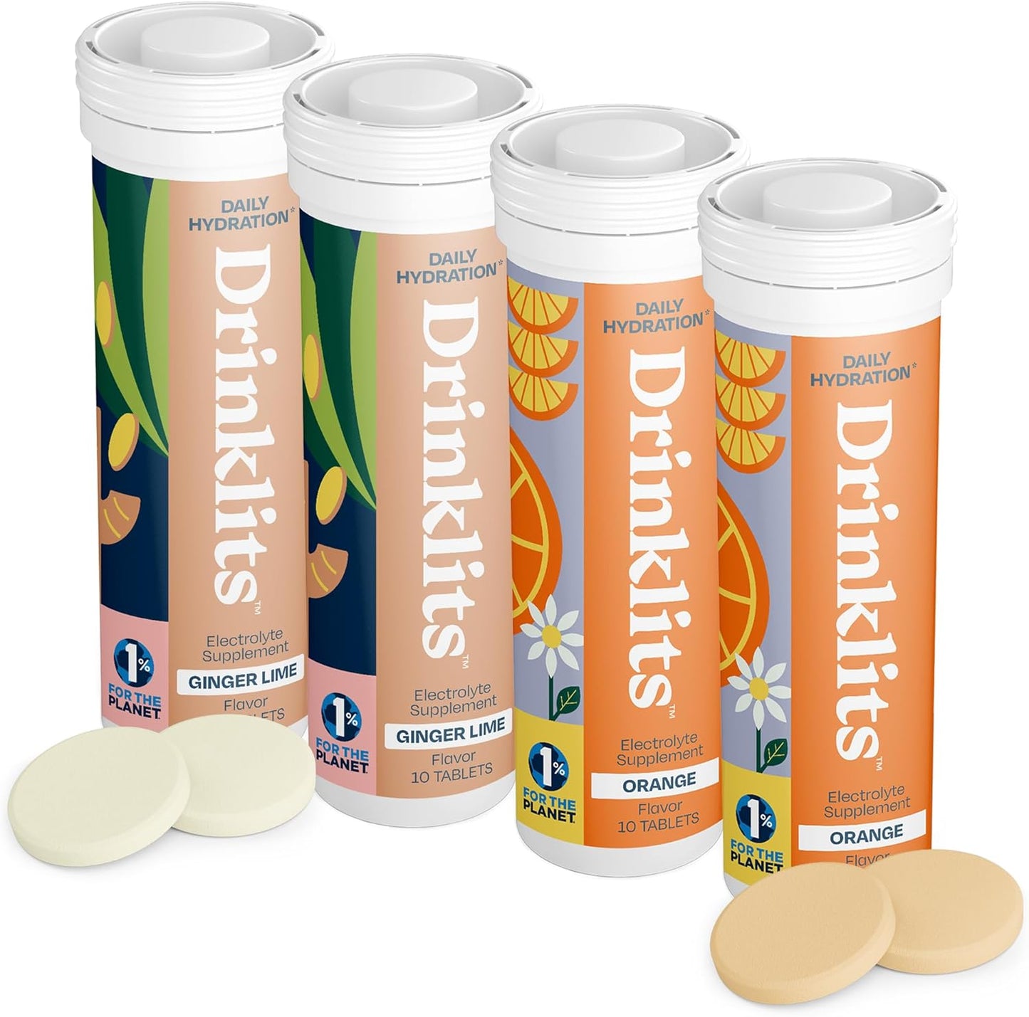 Bundle of 4 Tubes Drinklits Ginger-Lime & Orange Electrolyte Tablets | Daily Hydration Combo Pack | Natural Flavors - 0g Sugar | 40 Servings