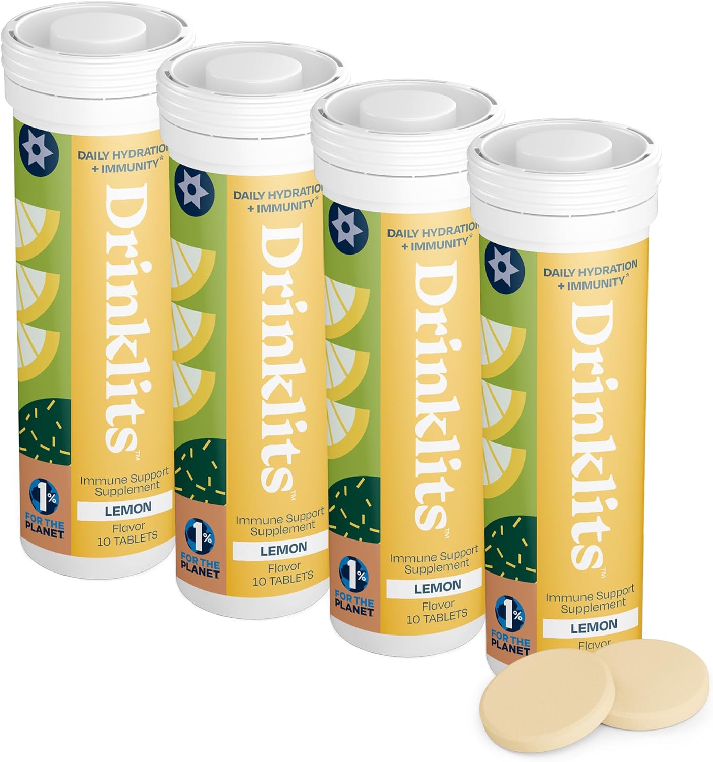 Bundle of 4 Tubes Drinklits Lemon Immune Support Tablets | Vitamin C Boost, Electrolytes, Herbal Blend | 40 Servings, 10 Tablets per Tube