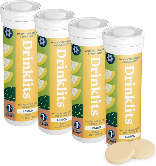 Bundle of 4 Tubes Drinklits Lemon Immune Support Tablets | Vitamin C Boost, Electrolytes, Herbal Blend | 40 Servings, 10 Tablets per Tube