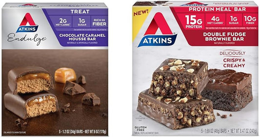 Bundle of 5 Atkins Chocolate Caramel Mousse Bars and 5 Double Fudge Brownie Protein Meal Bars
