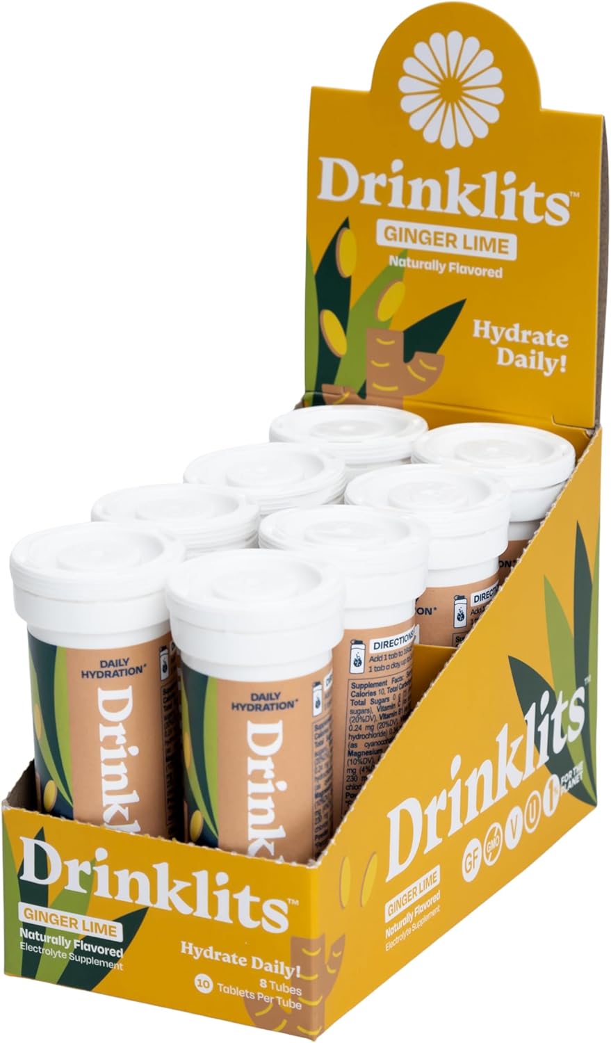 Bundle of 8 Tubes Drinklits Ginger Lime Electrolyte Sports Drink Fizzy Hydration Tablets - Natural Flavors, 0g Sugar, 80 Servings