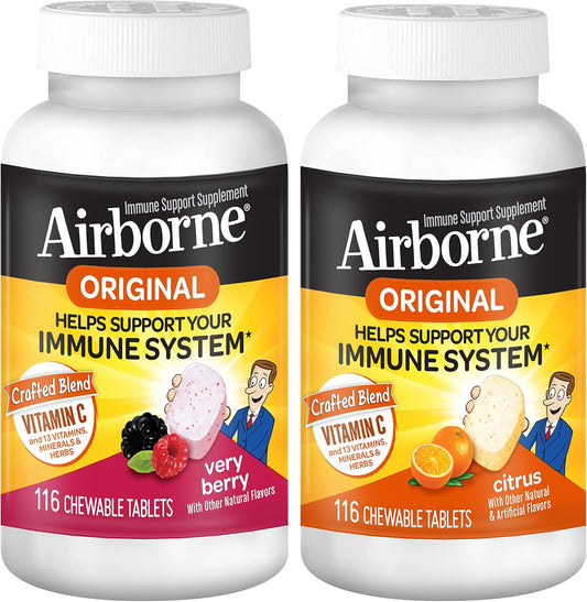 Bundle of Airborne 1000mg Vitamin C Chewable Tablets in Citrus & Very Berry Flavors - Immune Support Supplement with Zinc and Antioxidant Vitamins A, C, & E