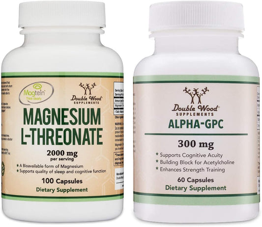 Bundle of Double Wood Supplements Magnesium L-Threonate (Magtein) and Alpha GPC for Cognitive Function Support - Essential Choline and Magnesium Nutrients