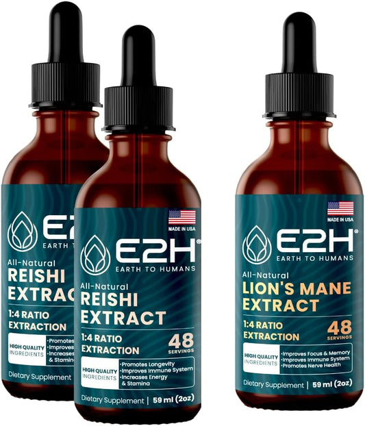 Bundle of E2H Earth to Humans Reishi & Lion's Mane Extracts for Energy, Longevity, Cognitive Sharpness, and Immunity - Non-GMO, Vegan - 2 Fl Oz Each (6 Fl Oz Total)