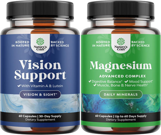 Bundle of Eye Health and Magnesium Supplements for Adults: Vision, Dry Eyes, Blue Light Protection, Sleep, Digestion, Mood Support
