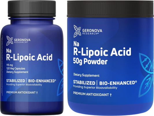 Bundle of Geronova Research R-Lipoic Acid 115mg Capsules and Bio-Enhanced Na R-Lipoic Acid 50g Powder