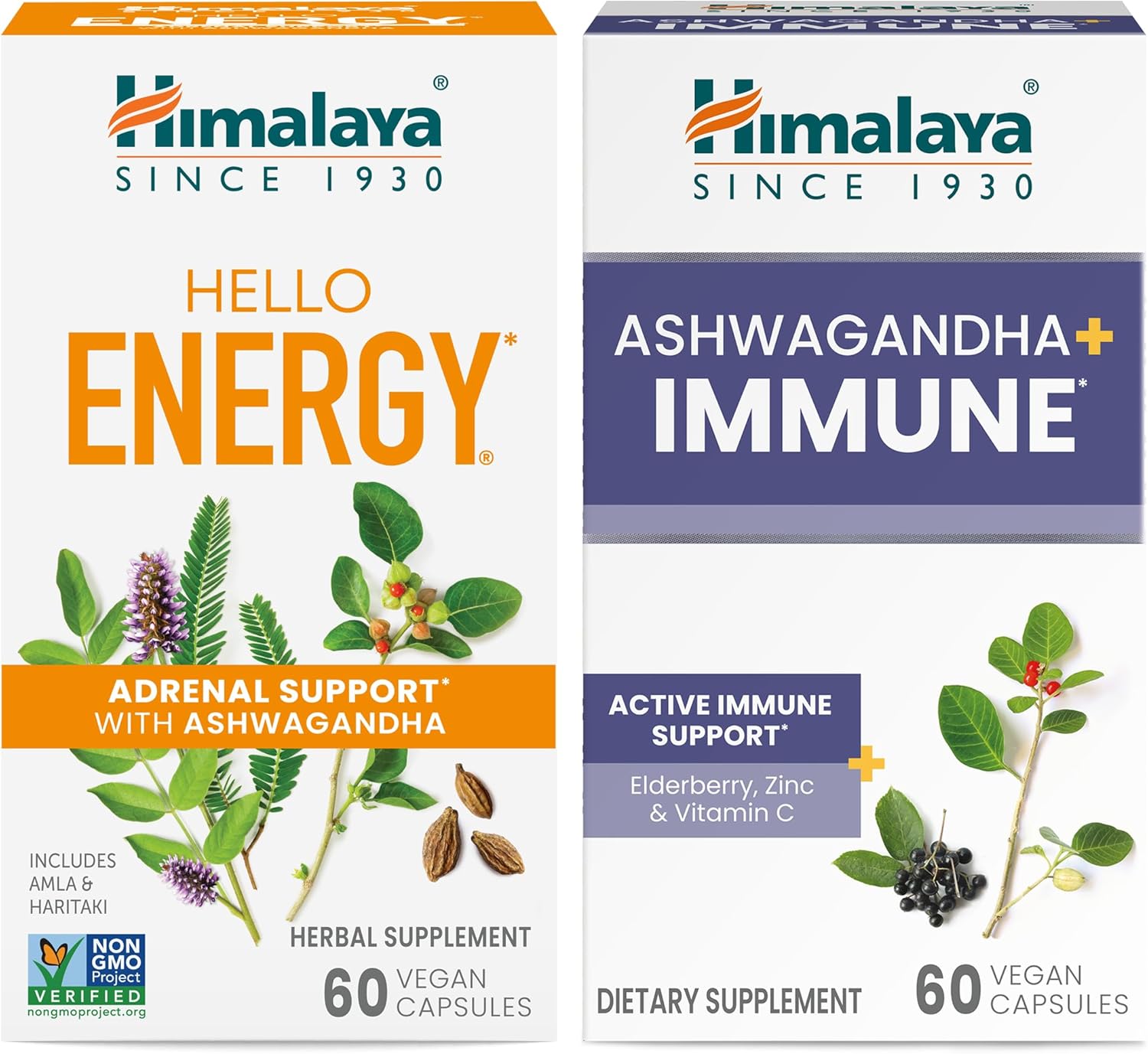 Bundle of Himalaya Hello Energy with Ashwagandha and Ashwagandha +Immune for Adrenal and Immune Support - 60 Capsules Each