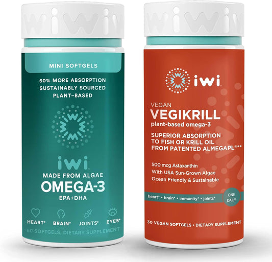 Bundle of Iwi Omega-3 Minis & Vegikrill Omega-3 - 30 Servings, Vegan Plant-Based Algae Omega 3, Krill & Fish Oil Alternative, No Fishy Aftertaste