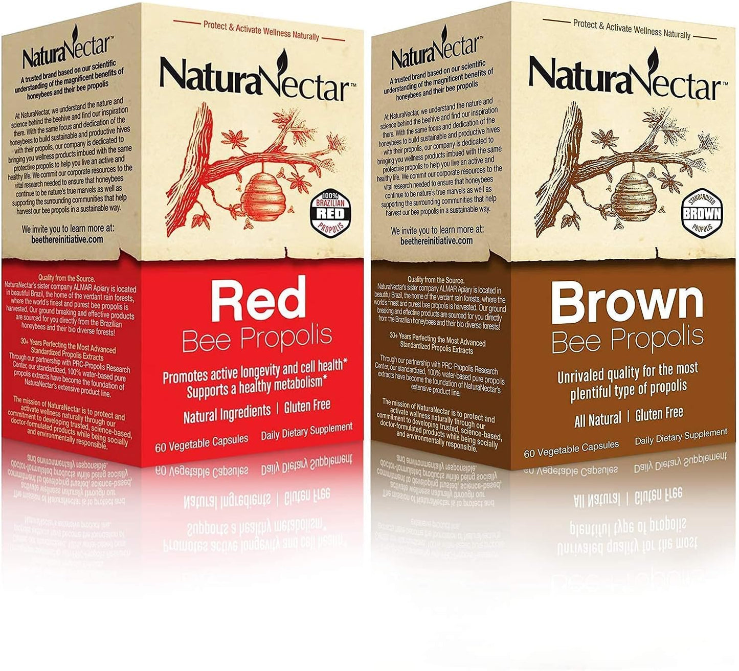 Bundle of NaturaNectar Red and Brown Propolis Capsules for Immune Support and Respiratory Health - 60 Capsules per Bottle