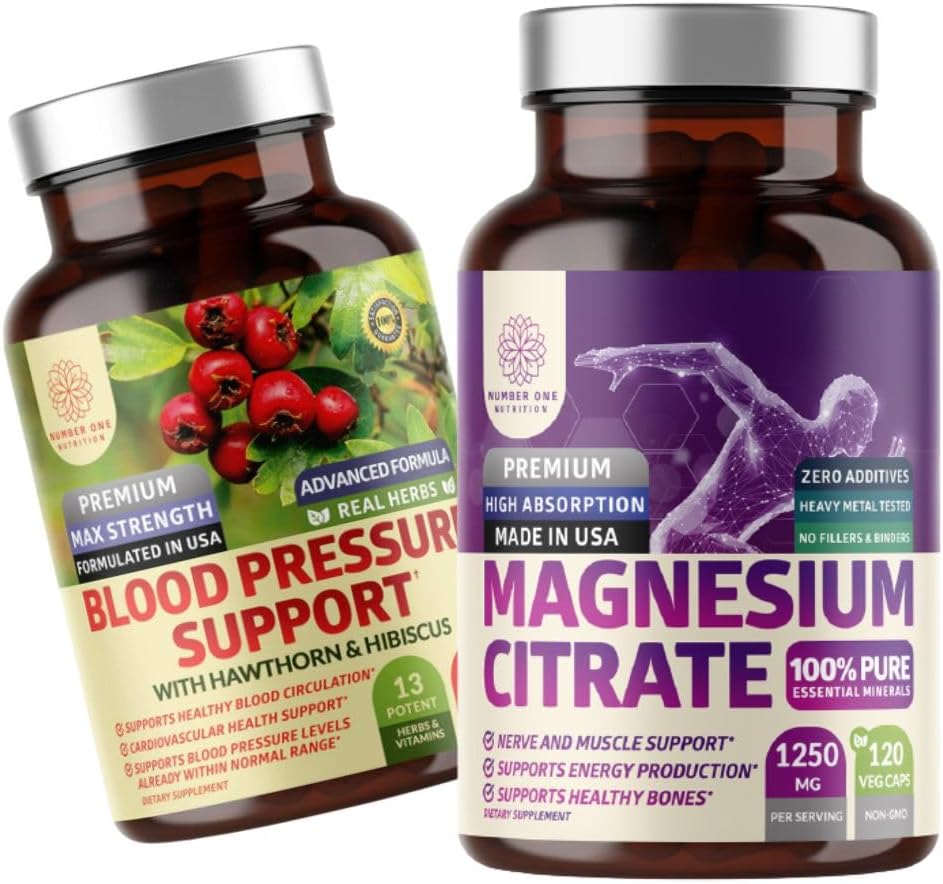 Bundle of Number One Nutrition N1N Premium Magnesium Citrate [1250mg] with Blood Pressure Support, 13 Potent Ingredients including Hawthorn & Hibiscus