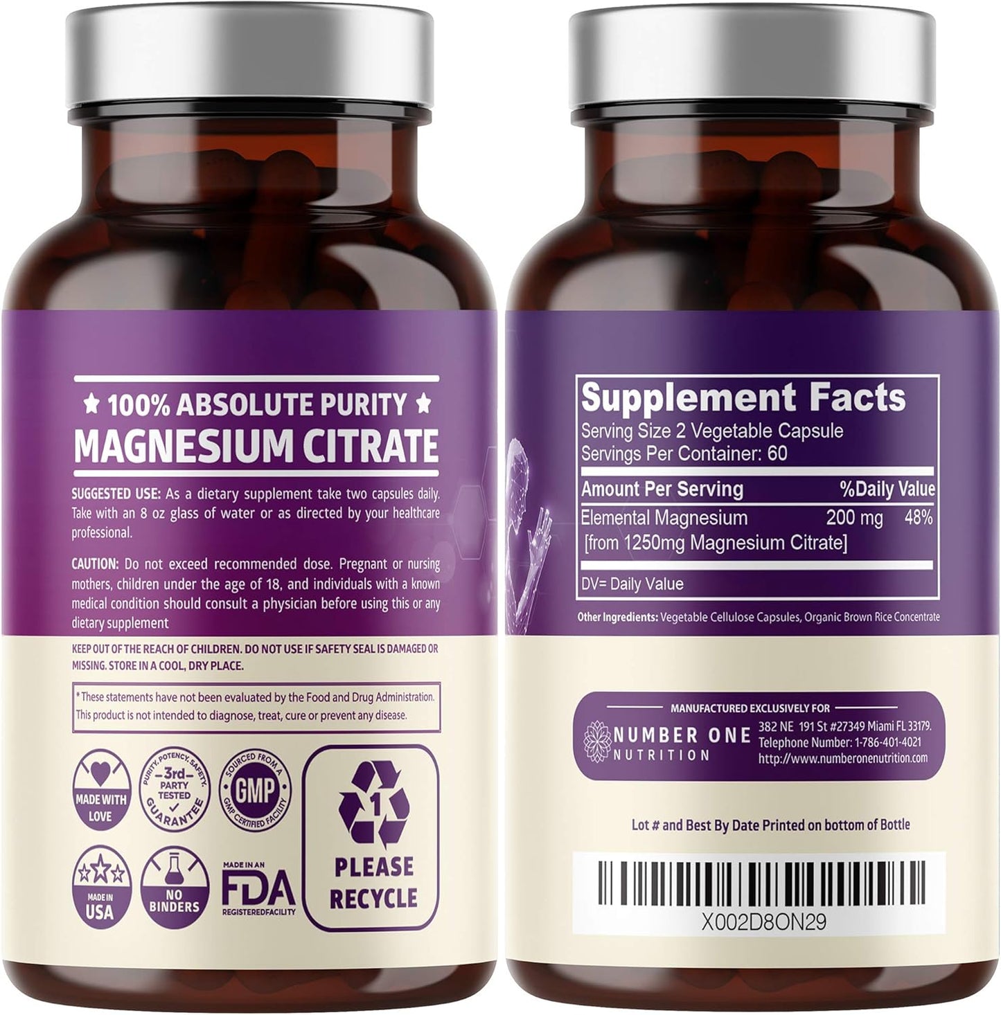 Bundle of Number One Nutrition N1N Premium Magnesium Citrate [1250mg] with Blood Pressure Support, 13 Potent Ingredients including Hawthorn & Hibiscus