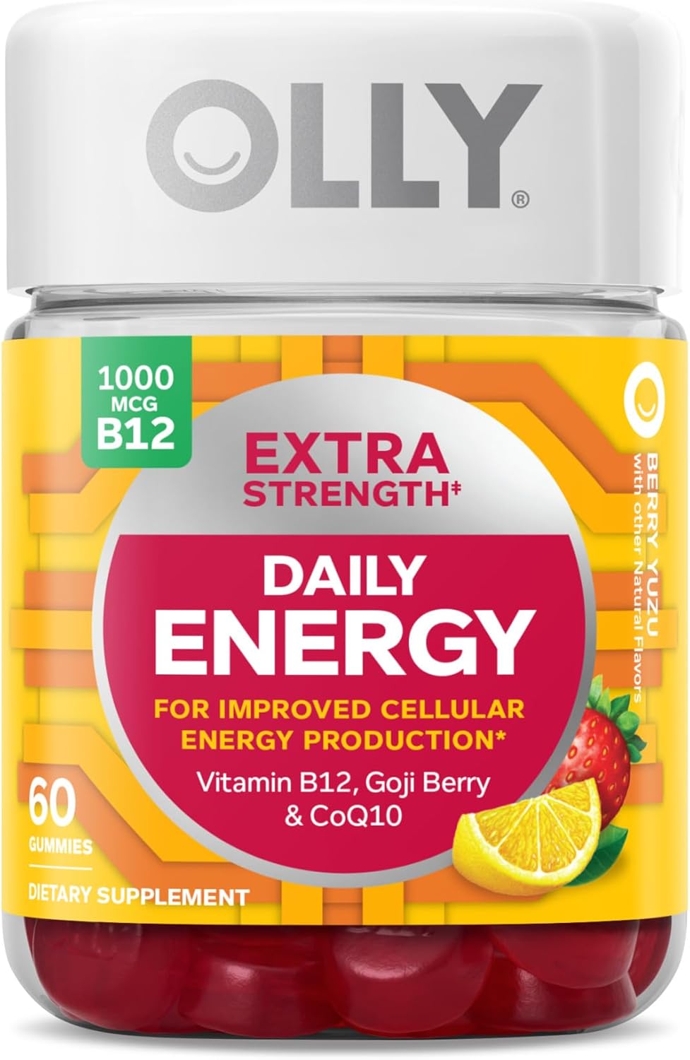 Bundle of OLLY Ultra Strength Hair, Extra Energy Gummies with Biotin, Keratin, Vitamin B12, CoQ10, Goji Berry - 30 and 60 Count