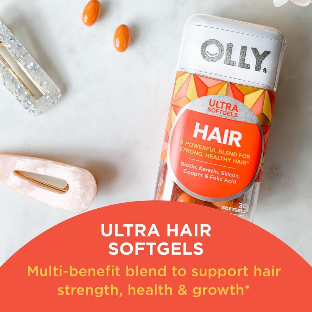 Bundle of OLLY Ultra Strength Hair, Extra Energy Gummies with Biotin, Keratin, Vitamin B12, CoQ10, Goji Berry - 30 and 60 Count