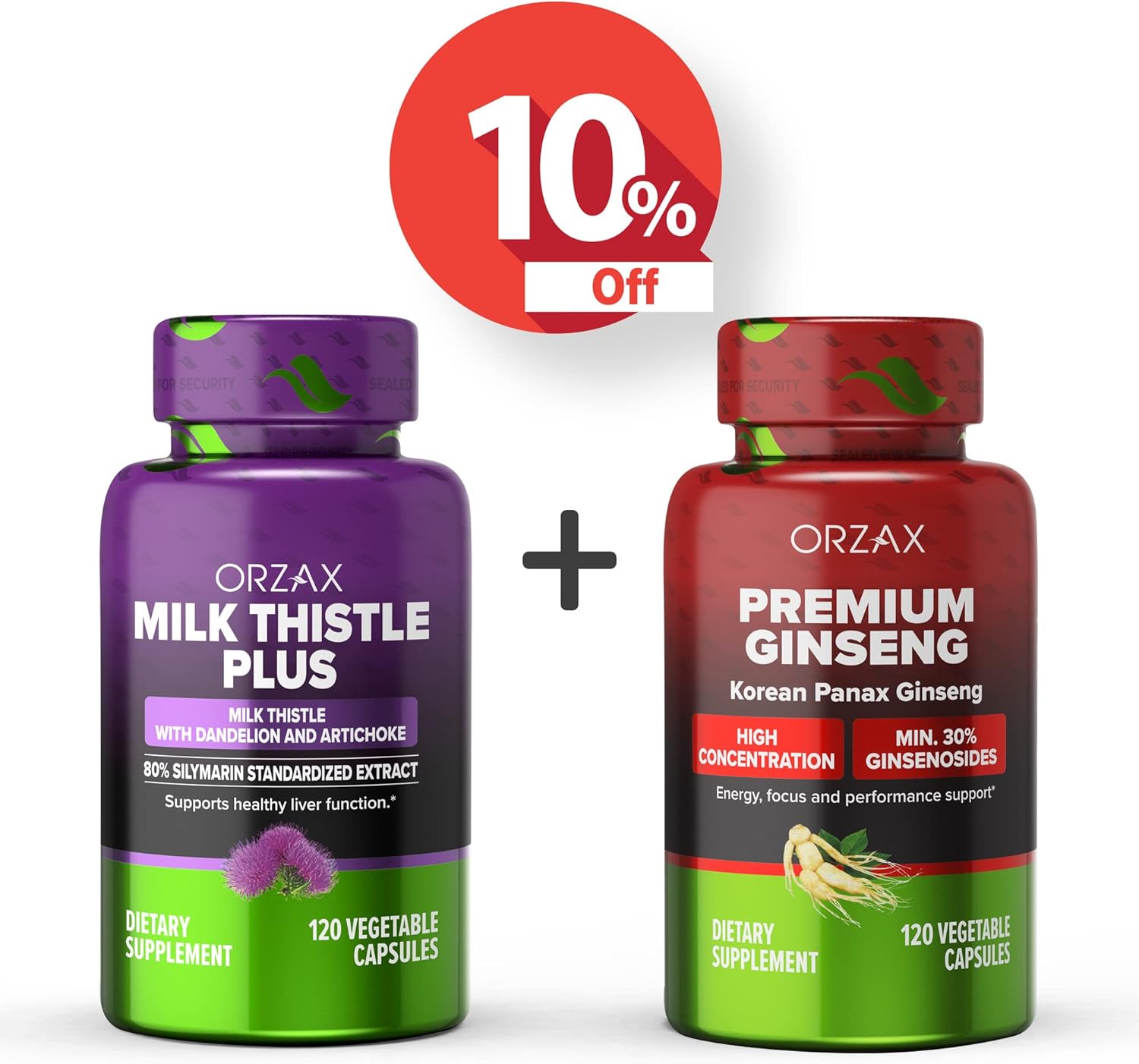 Bundle of ORZAX Milk Thistle Plus and Premium Ginseng Capsules - 240 Vegetarian Capsules in Total