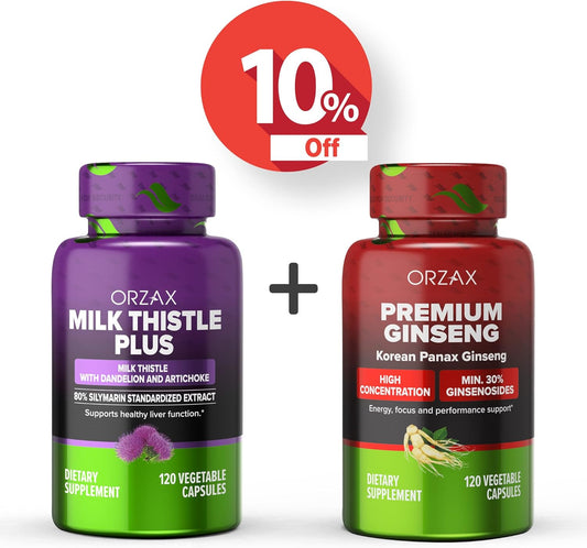 Bundle of ORZAX Milk Thistle Plus and Premium Ginseng Capsules - 240 Vegetarian Capsules in Total