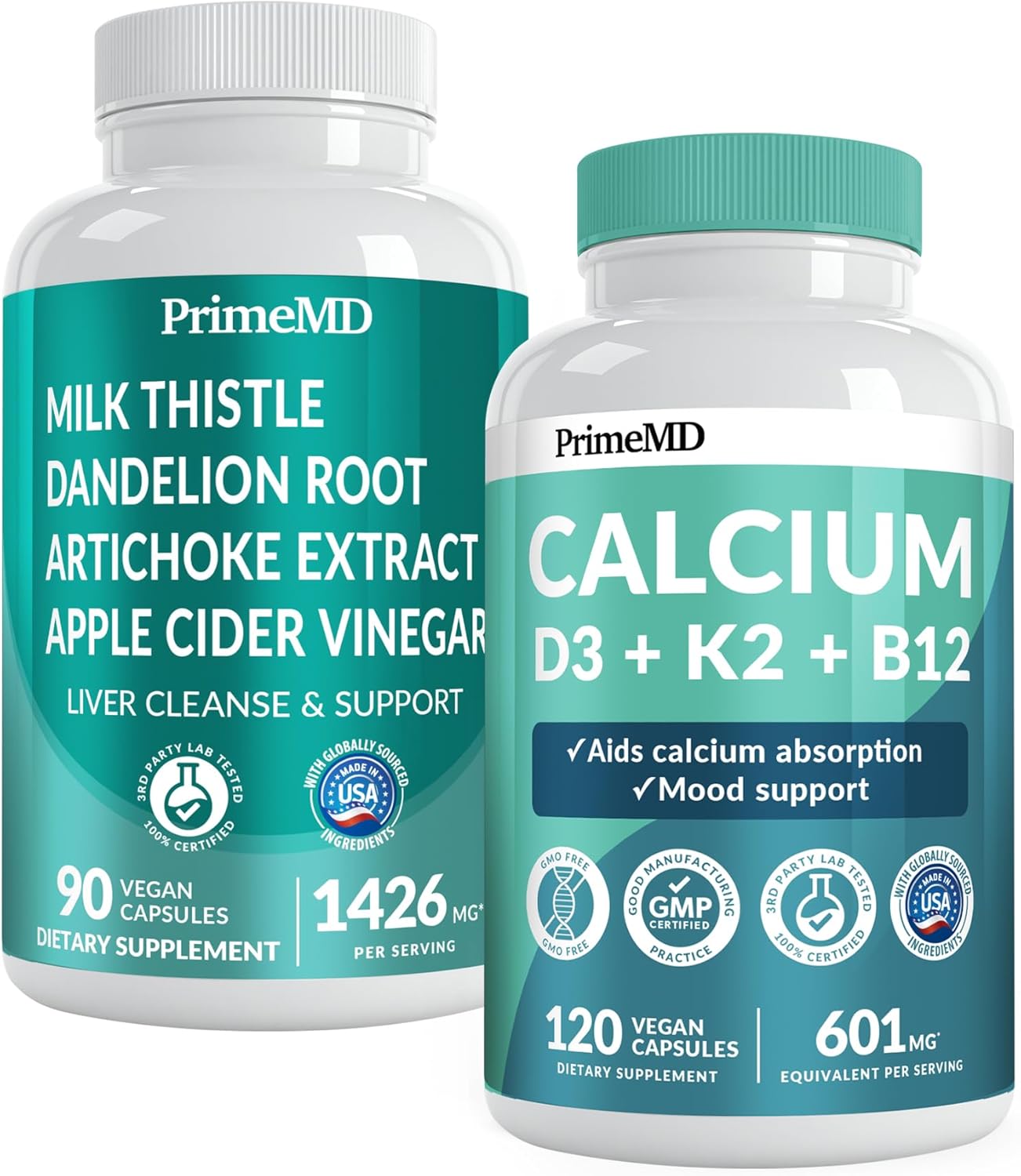 Bundle of PrimeMD Calcium D3 K2 B12 and Liver Support Supplements - Essential Vitamins for Bone, Heart, Liver, & Immune Health - Non-GMO, Vegan, Gluten-Free (2pk)