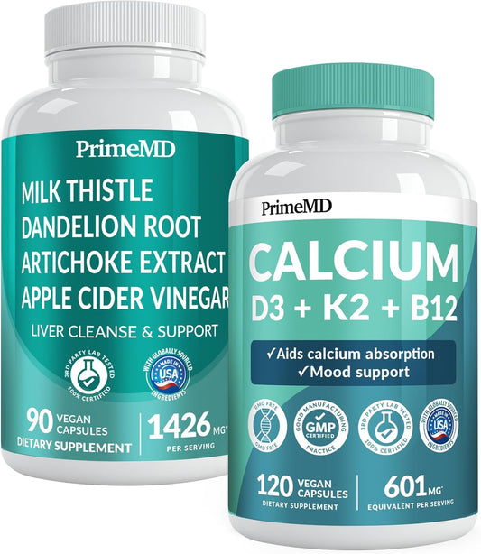 Bundle of PrimeMD Calcium D3 K2 B12 and Liver Support Supplements - Essential Vitamins for Bone, Heart, Liver, & Immune Health - Non-GMO, Vegan, Gluten-Free (2pk)