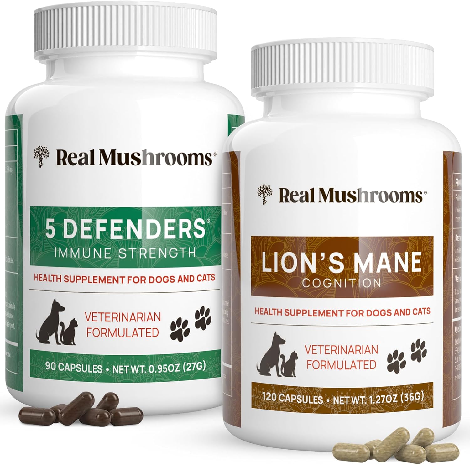 Bundle of Real Mushrooms 5 Defenders (90ct) & Lions Mane (120ct) for Pets - Immune Support & Cognitive Health - Vegan, Non-GMO, Gluten-Free Mushroom Pet Supplements