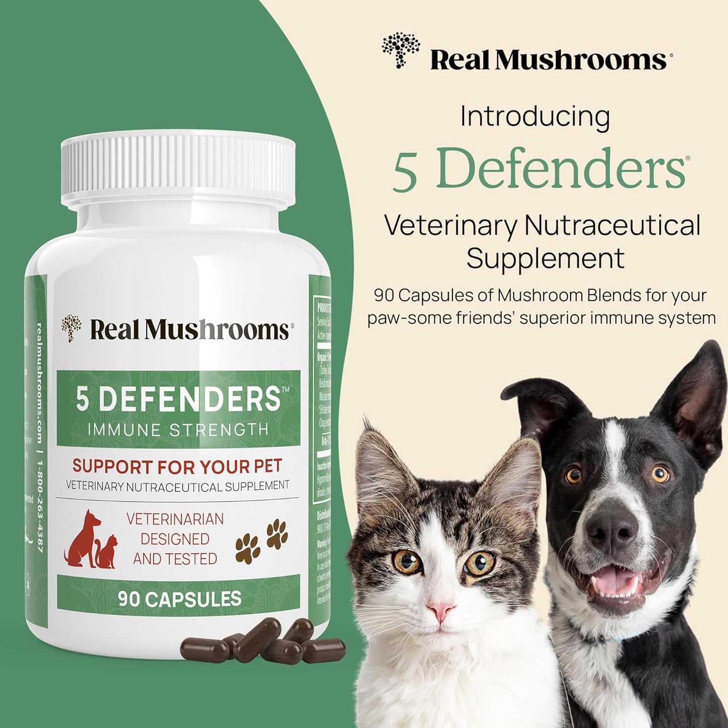 Bundle of Real Mushrooms 5 Defenders (90ct) & Lions Mane (120ct) for Pets - Immune Support & Cognitive Health - Vegan, Non-GMO, Gluten-Free Mushroom Pet Supplements