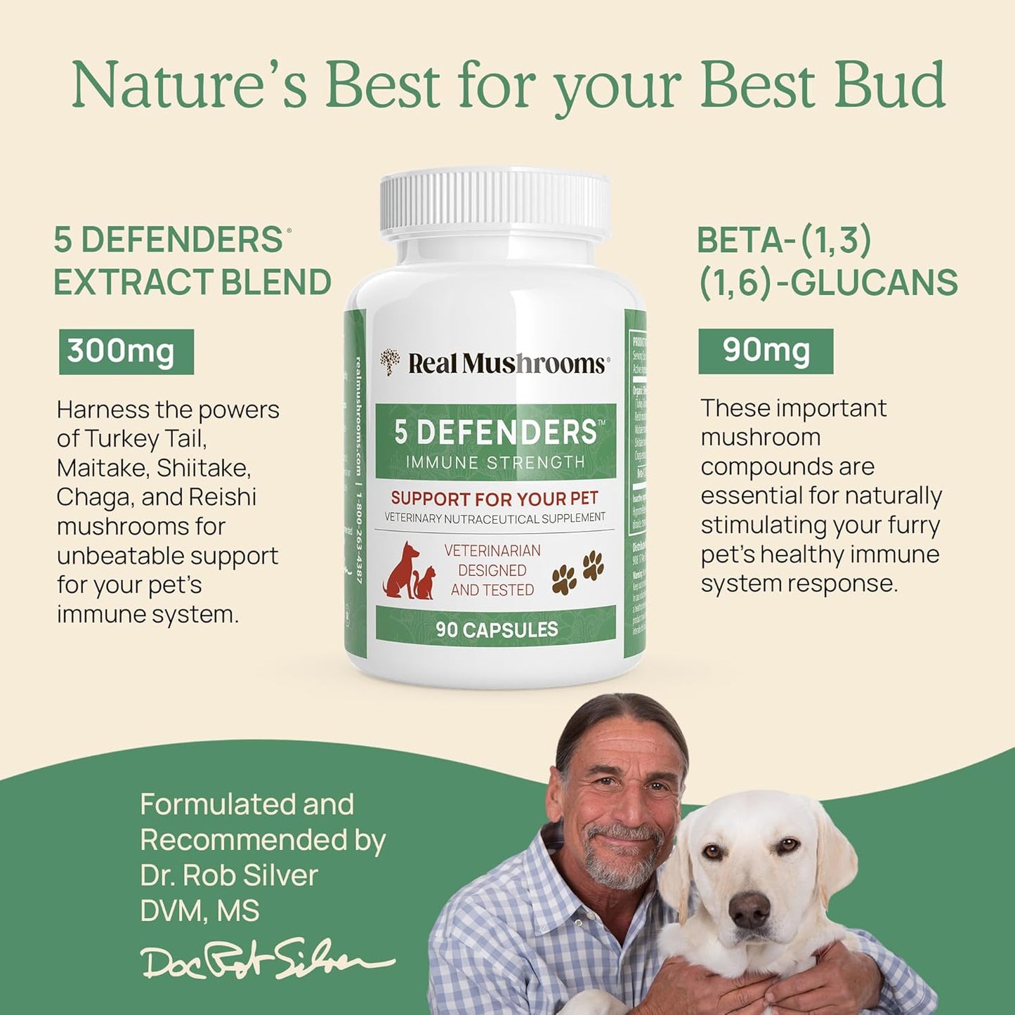 Bundle of Real Mushrooms 5 Defenders (90ct) & Lions Mane (120ct) for Pets - Immune Support & Cognitive Health - Vegan, Non-GMO, Gluten-Free Mushroom Pet Supplements