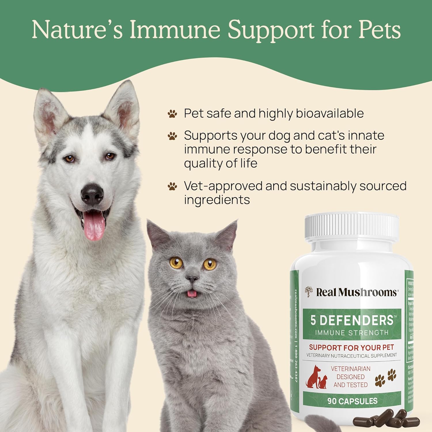 Bundle of Real Mushrooms 5 Defenders (90ct) & Lions Mane (120ct) for Pets - Immune Support & Cognitive Health - Vegan, Non-GMO, Gluten-Free Mushroom Pet Supplements