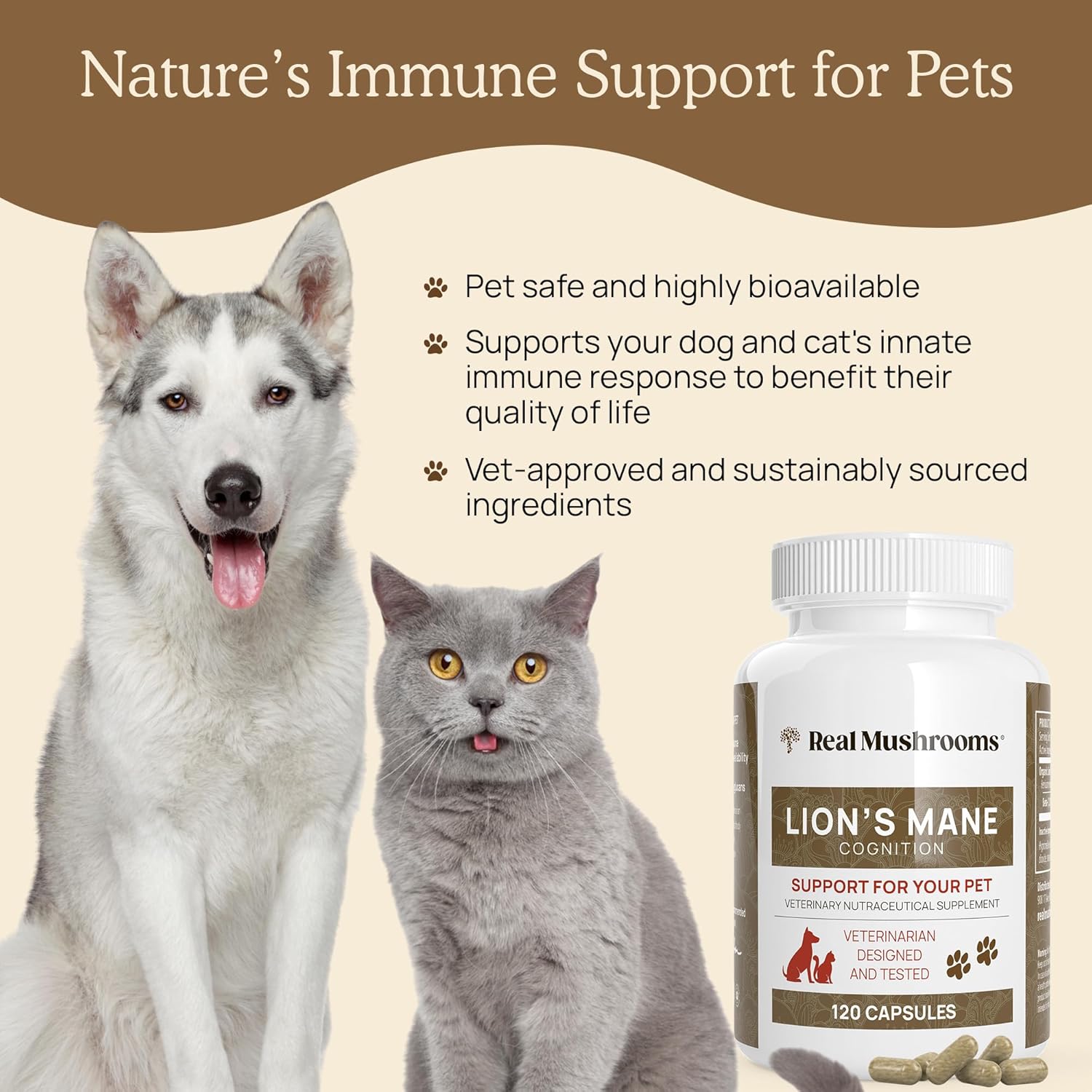 Bundle of Real Mushrooms 5 Defenders (90ct) & Lions Mane (120ct) for Pets - Immune Support & Cognitive Health - Vegan, Non-GMO, Gluten-Free Mushroom Pet Supplements