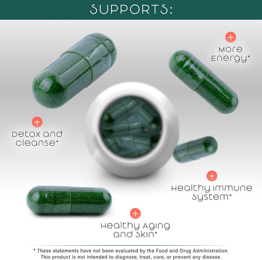 Bundle of Teaveli Spirulina and Chlorella Capsules with Organic Barley Grass Juice Powder