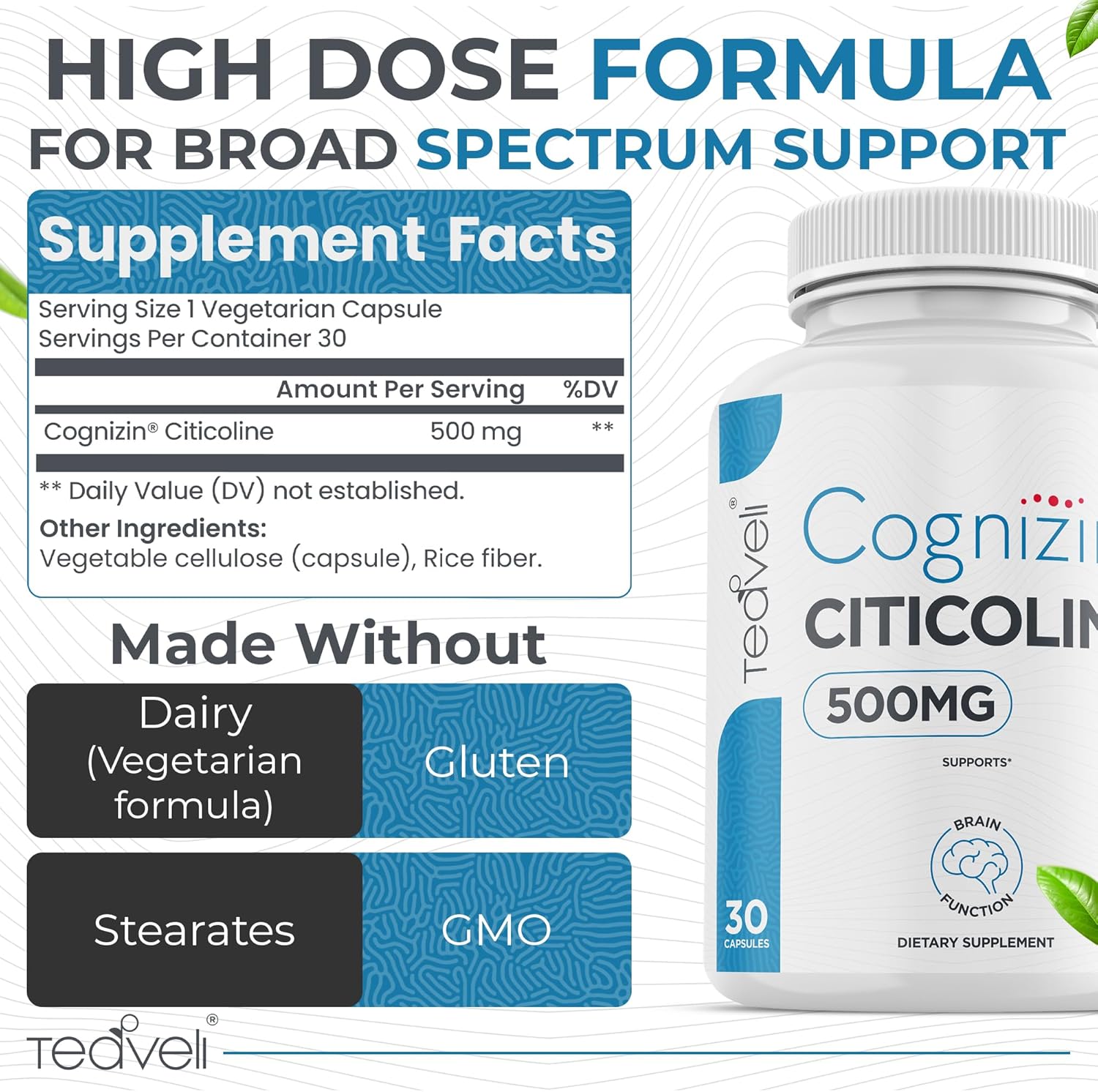 Bundle of Teaveli Spirulina Chlorella Capsules and Citicoline Supplement for Enhanced Brain and Body Health