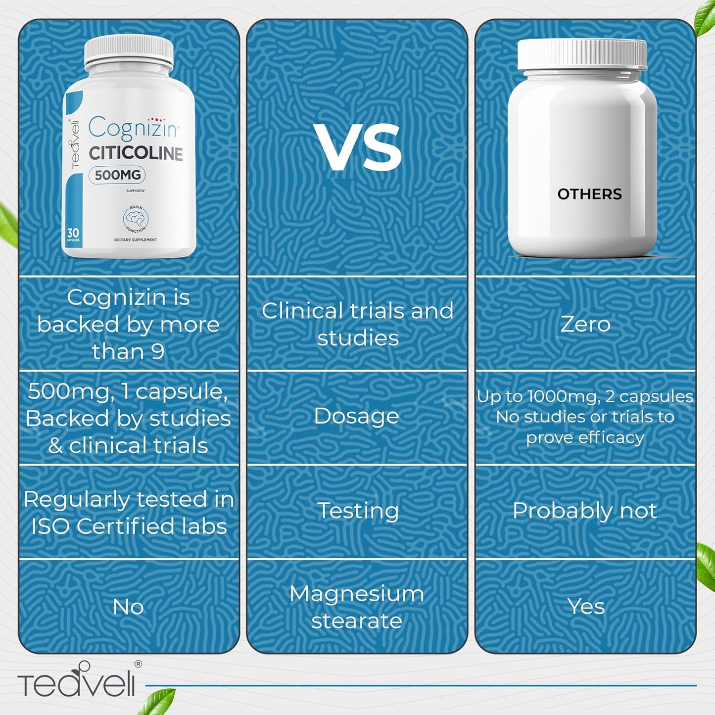 Bundle of Teaveli Spirulina Chlorella Capsules and Citicoline Supplement for Enhanced Brain and Body Health
