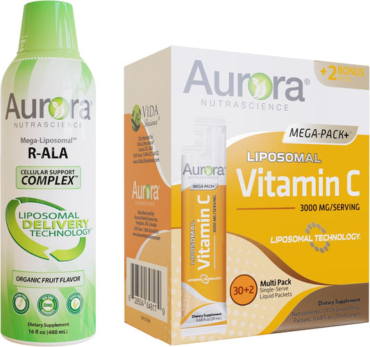 Bundle of Vida Lifescience Aurora Mega-Liposomal R-ALA with CoQ10 & L-Carnitine Complex and Vitamin C, 3,000 mg