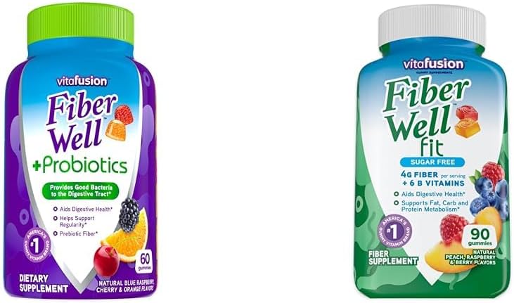 Bundle of Vitafusion Fiber Well + Probiotics (60 Count) and Fiber Well Fit (90 Count) Gummy Vitamins