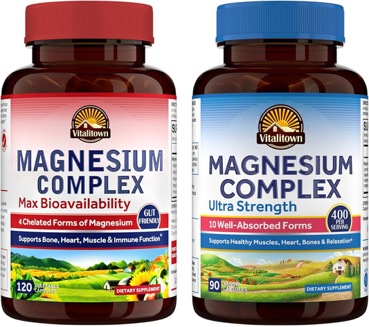 Bundle of VitaTown's Ultimate Magnesium Supplements: 4-in-1 & 10-in-1 Complex | 120 + 90 Capsules
