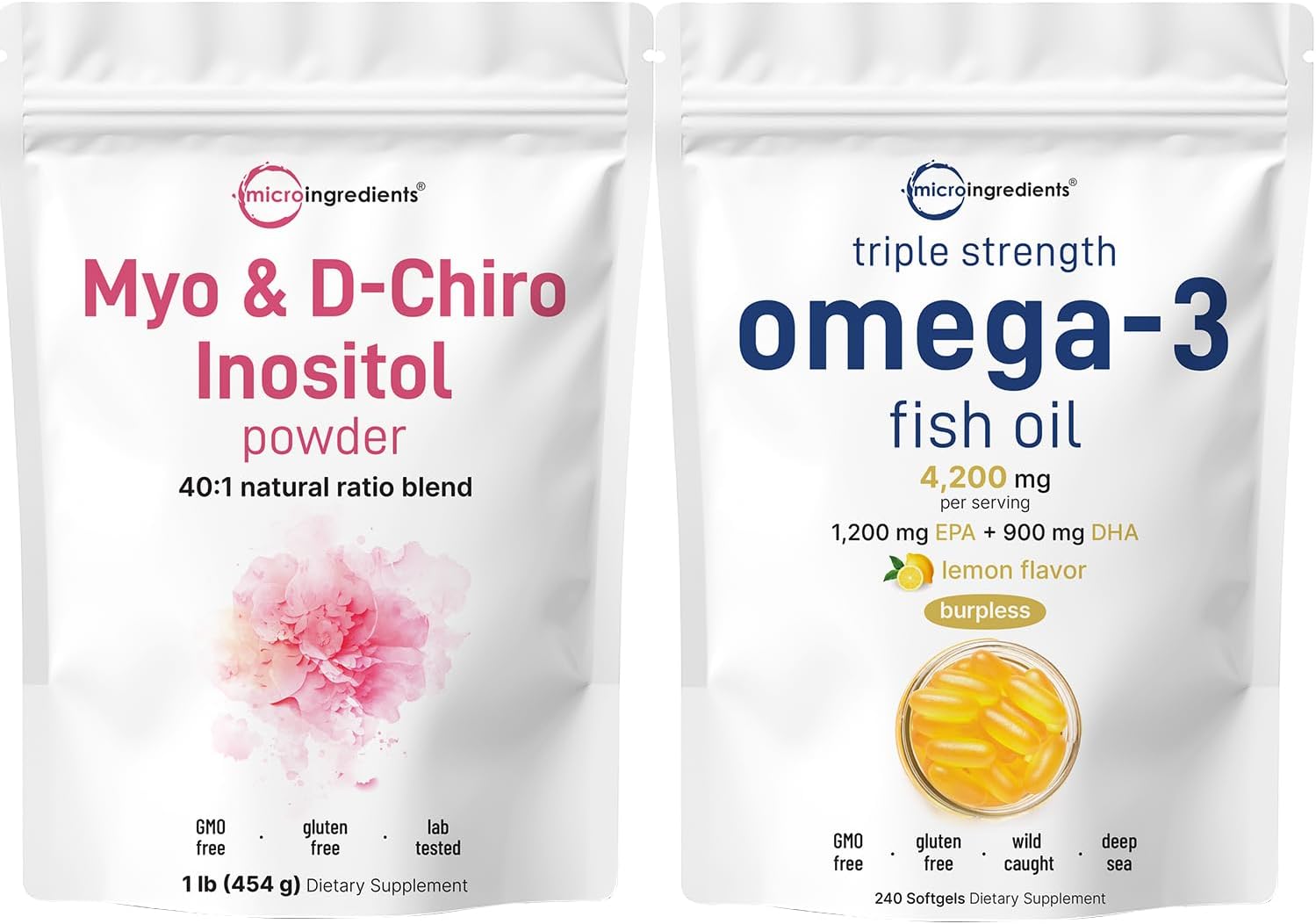 Bundle: Omega-3 Fish Oil Softgels & Inositol Powder - 2 Pack, Lemon Flavored, Wild-Caught Fish, Burpless - Women's Supplement