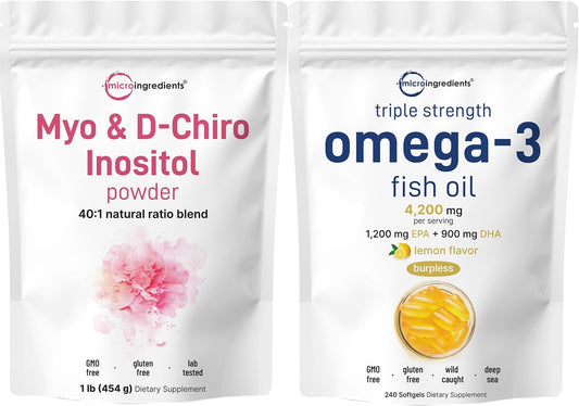 Bundle: Omega-3 Fish Oil Softgels & Inositol Powder - 2 Pack, Lemon Flavored, Wild-Caught Fish, Burpless - Women's Supplement