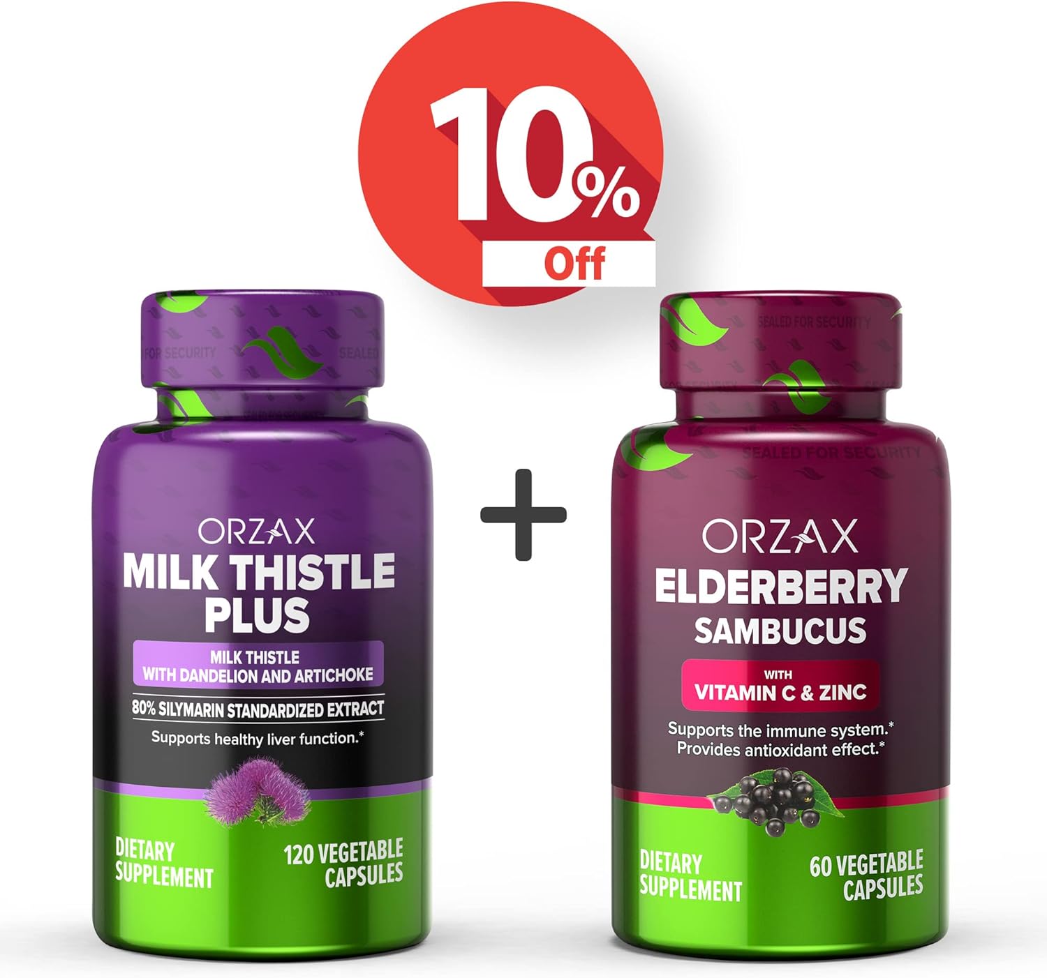 Bundle: ORZAX Milk Thistle Plus, Dandelion, Artichoke, and Elderberry Capsules - 120 Veg Capsules, 2000mg Sambucus