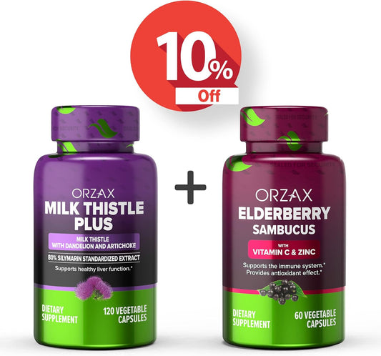 Bundle: ORZAX Milk Thistle Plus, Dandelion, Artichoke, and Elderberry Capsules - 120 Veg Capsules, 2000mg Sambucus