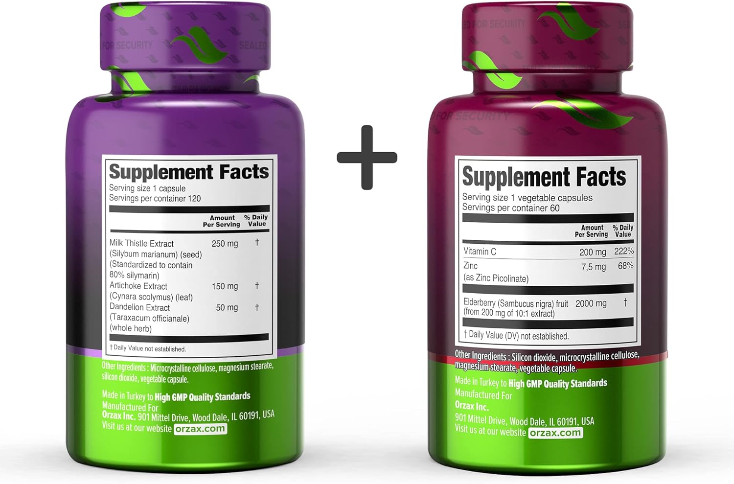 Bundle: ORZAX Milk Thistle Plus, Dandelion, Artichoke, and Elderberry Capsules - 120 Veg Capsules, 2000mg Sambucus