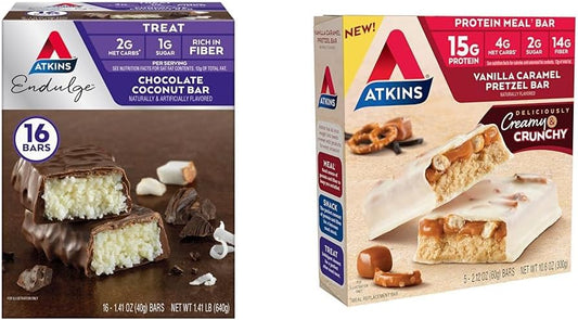 Bundle Pack: Atkins Chocolate Coconut Bars (16 Count) and Vanilla Caramel Pretzel Protein Meal Bars (5 Count)