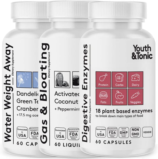 Bundle Pack for Gas and Bloating Support with Youth & Tonic Water Pills, Liquid Charcoal, and Digestive Enzymes