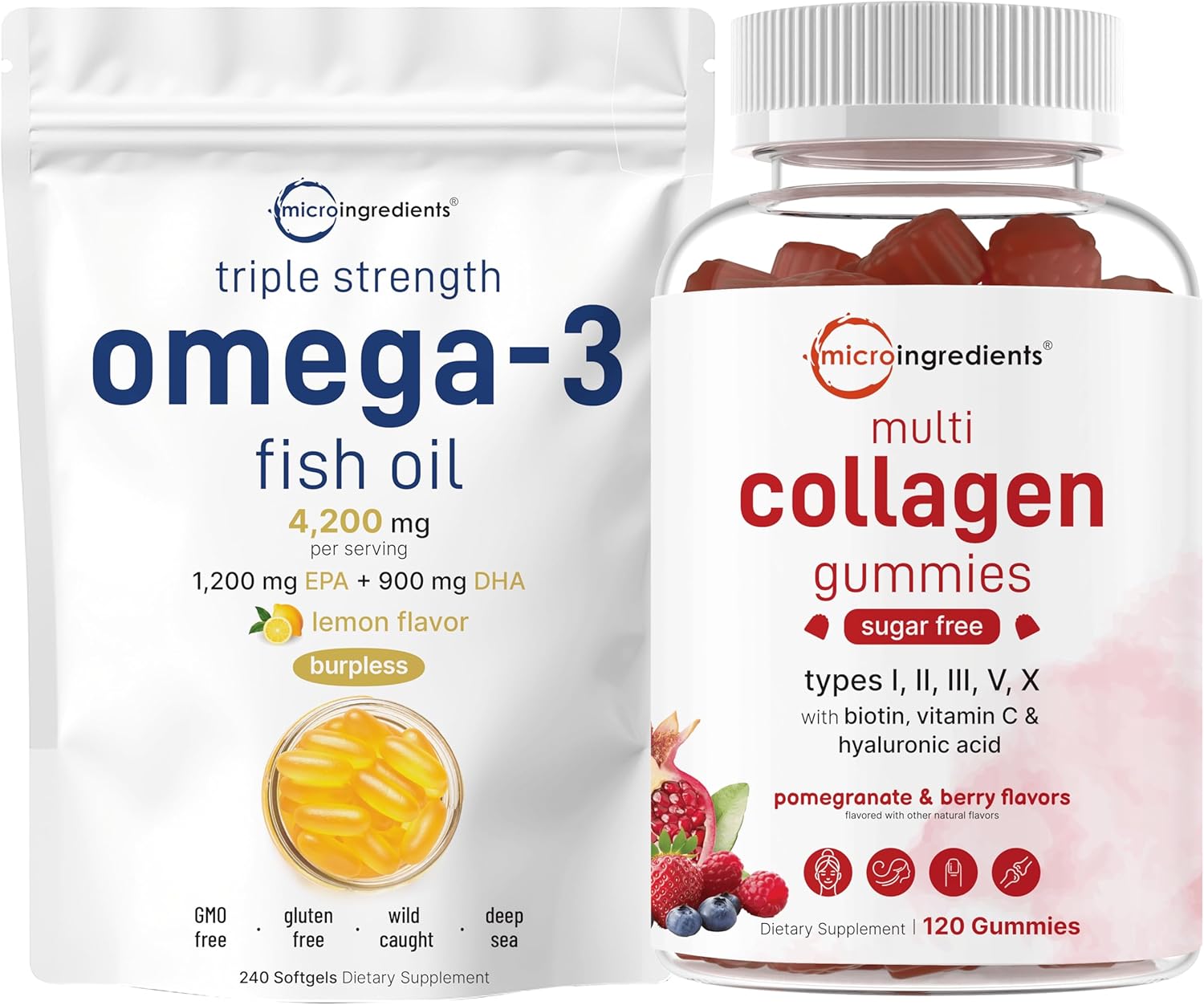 Bundle Pack: Omega-3 Fish Oil Softgels & Collagen Peptides Gummies | Wild-Caught Fish, Lemon Flavor | High Protein Types I, II, III, V, X | Burpless Formula