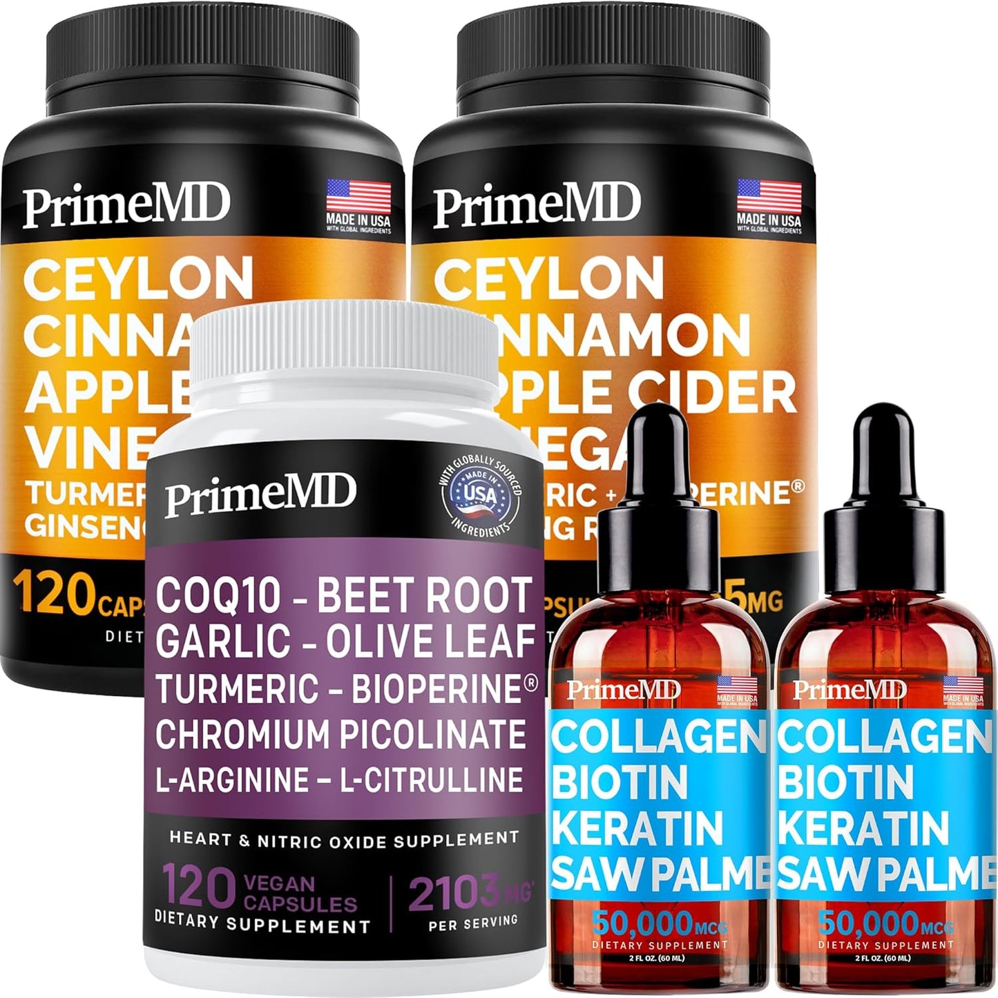 Bundle: PrimeMD Liquid Collagen Biotin, Ceylon Cinnamon, Nitric Oxide - Hair, Skin, Heart, Metabolism, & Lipid Support - Non-GMO, Vegan, Gluten-Free