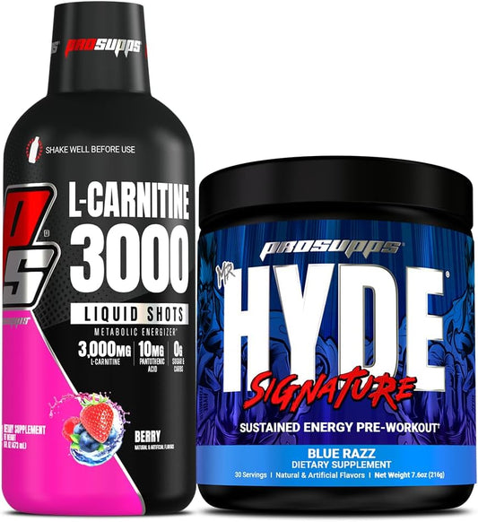Bundle: PROSUPPS L-Carnitine 3000 Berry Liquid Shots & Mr. Hyde Signature Series Blue Razz Pre-Workout Powder - 61 Servings