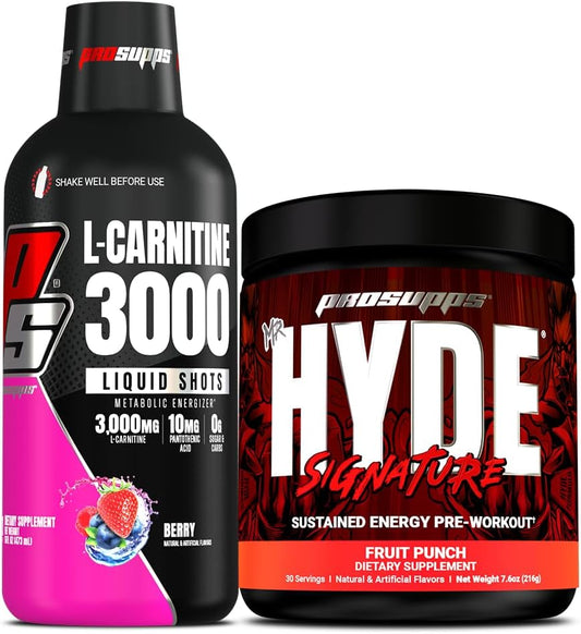 Bundle: PROSUPPS L-Carnitine 3000 Berry Liquid Shots + Mr. Hyde Signature Series Fruit Punch Pre-Workout Powder for Energy