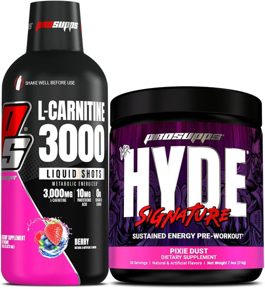 Bundle: PROSUPPS L-Carnitine 3000 Berry Liquid Shots + Mr. Hyde Signature Series Pixie Dust Pre-Workout Powder (31 & 30 Servings)