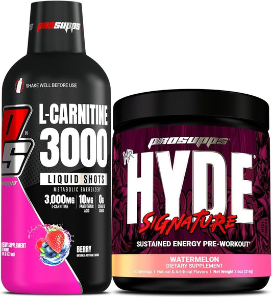 Bundle: PROSUPPS L-Carnitine 3000 Berry Liquid Shots and Mr. Hyde Signature Series Watermelon Pre-Workout Powder. Get Your Energy Boost Now!