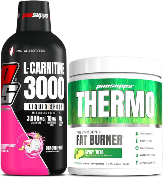 Bundle: PROSUPPS L-Carnitine 3000 Liquid Shots (31 Servings, Dragon Fruit) + Thermo Fat Burning Powder (25 Servings, Spicy 'Rita)