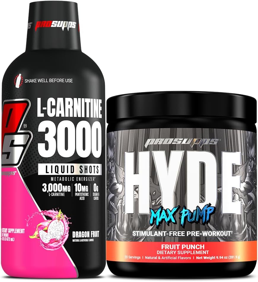 Bundle: PROSUPPS L-Carnitine 3000 Liquid Shots (Dragon Fruit) + Hyde Max Pump Pre Workout (Fruit Punch)