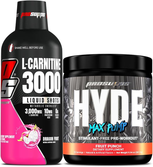 Bundle: PROSUPPS L-Carnitine 3000 Liquid Shots (Dragon Fruit) + Hyde Max Pump Pre Workout (Fruit Punch)