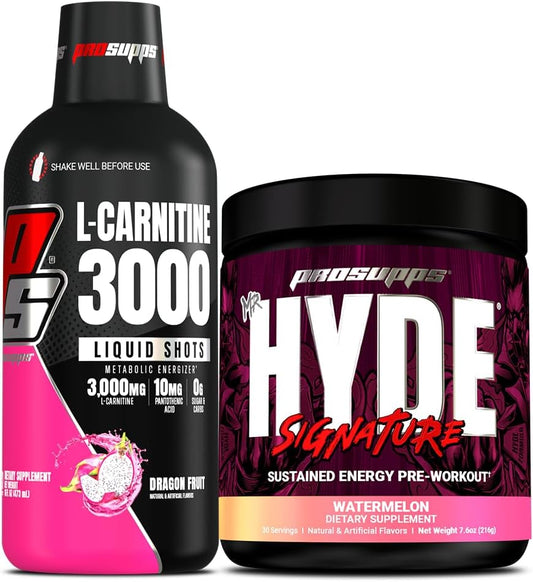 Bundle: PROSUPPS L-Carnitine 3000 Liquid Shots (Dragon Fruit) & Mr. Hyde Signature Series Pre-Workout Energy Powder (Watermelon)