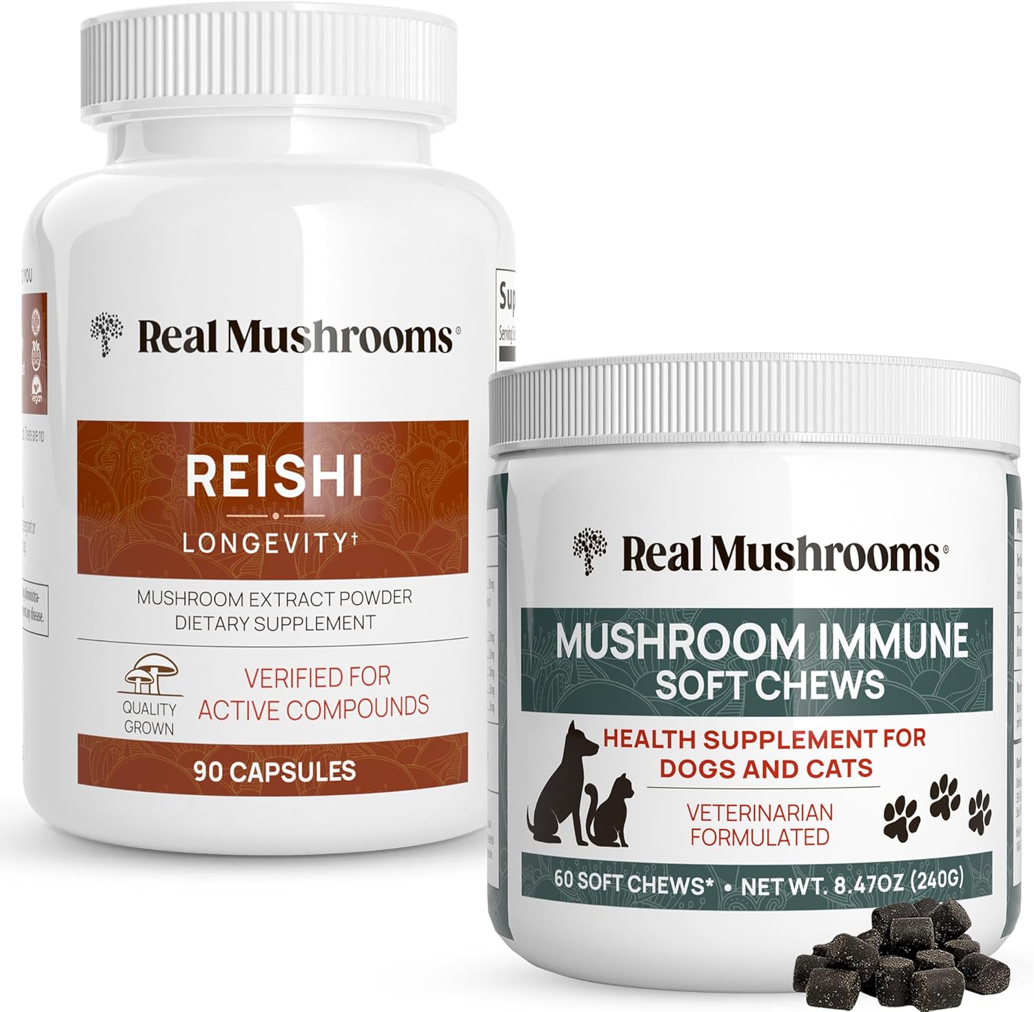 Bundle: Real Mushrooms Reishi Capsules (90ct) & Mushroom Immune Pet Chews (60ct) - Longevity, Relaxation, Immunity - Ashwagandha, Astragalus - Vegan, Non-GMO, Gluten-Free